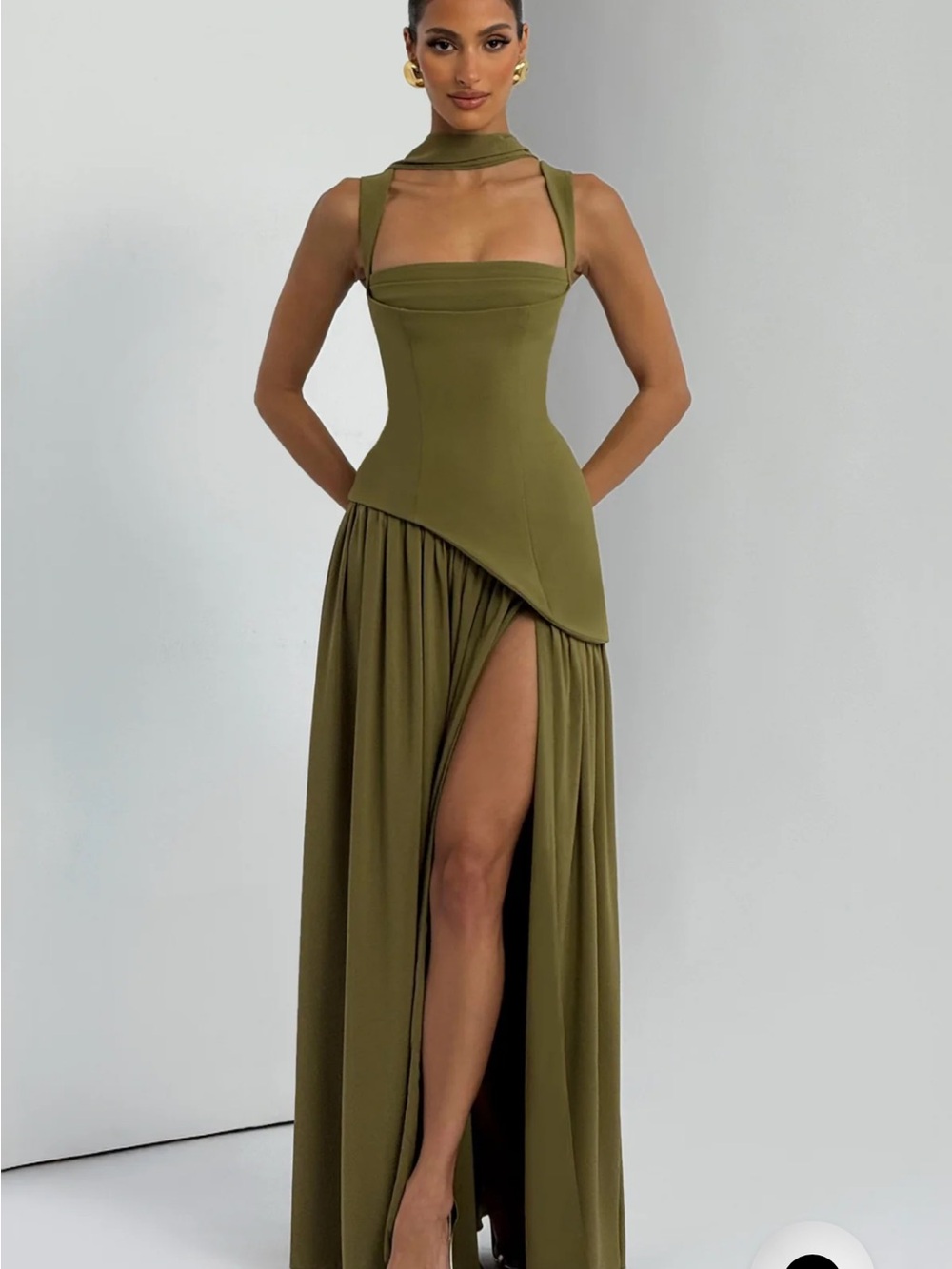 Olive Green Strapless High-Slit Evening Dress